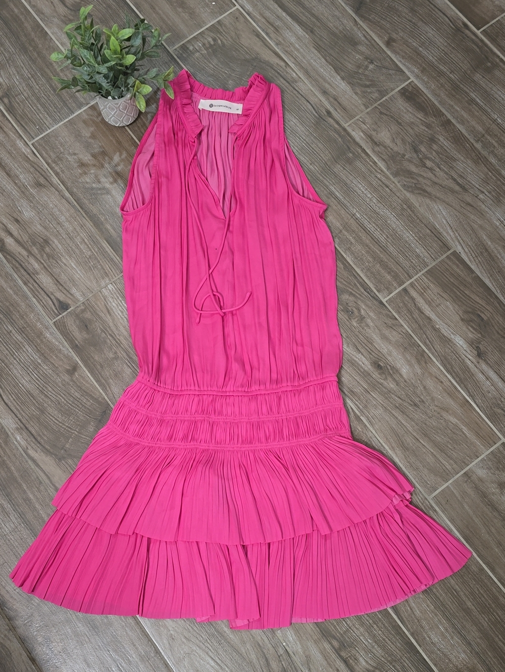 The Impeccable Pig Sleeveless Hot Pink Pleated Tiered Dress